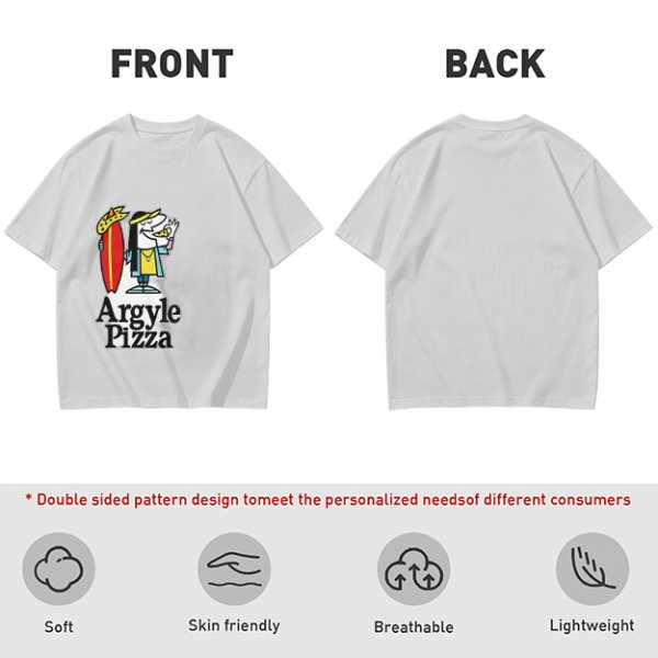 Olive T-Shirt with Surfer Pizza Character and Argyle Pizza Print