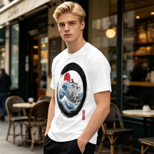 Olive T-shirt with Great Wave Enso Circle and Red Sun Print