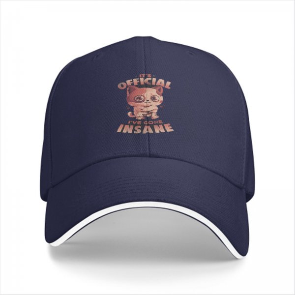 Black baseball cap with 'It's Official I've Gone Insane' cat graphic