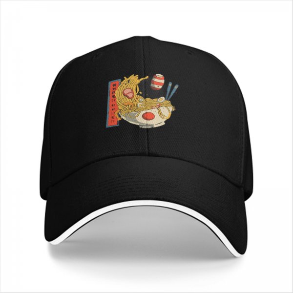 Black Baseball Cap With Playful Ramen Bowl Graphic Design