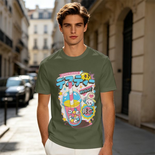 Oversized Graphic Tee with Death Flavor Bubble Tea Print