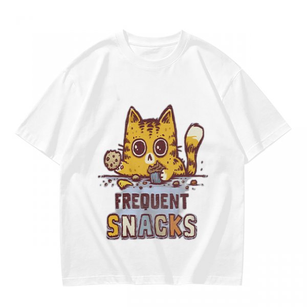 Olive T-Shirt With Cat Eating Snacks Frequent Snacks Print