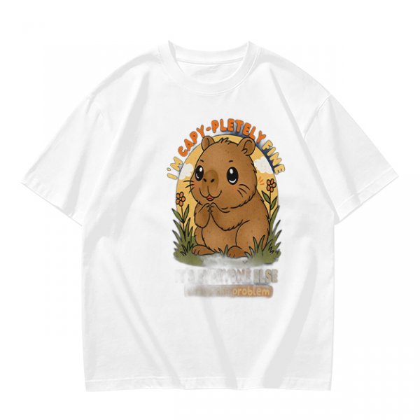 Olive t-shirt with cute capybara 'I'm capy-pletely fine' graphic