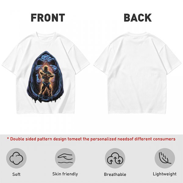 Olive T-Shirt with Muscular Hero Emerging from Hooded Figure Art