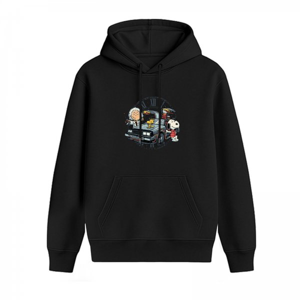 Black hoodie with Peanuts x Back to the Future crossover graphic