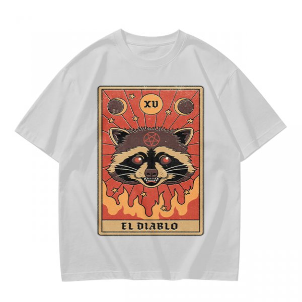 Olive T-Shirt With Raccoon El Diablo Tarot Card Print