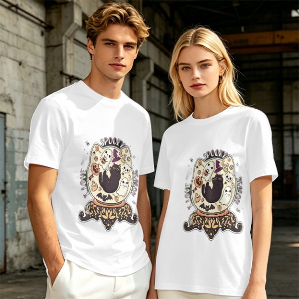 I Love Spooky Season Halloween Cat Ghost Graphic T-Shirt