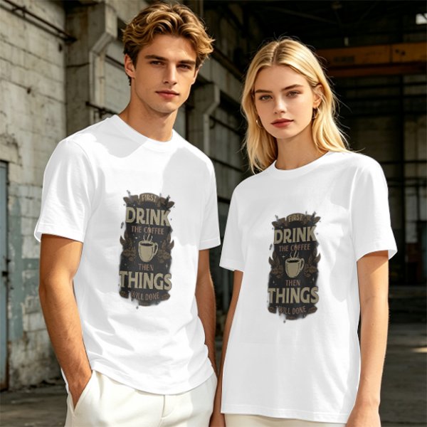 Olive green coffee graphic t-shirt with 'First drink the coffee then things will done' text