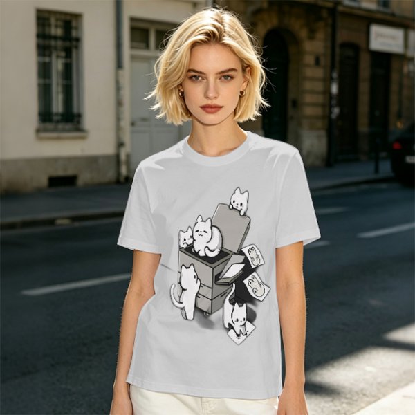 Olive T-Shirt With Playful Cats Emerging From Printer Graphic