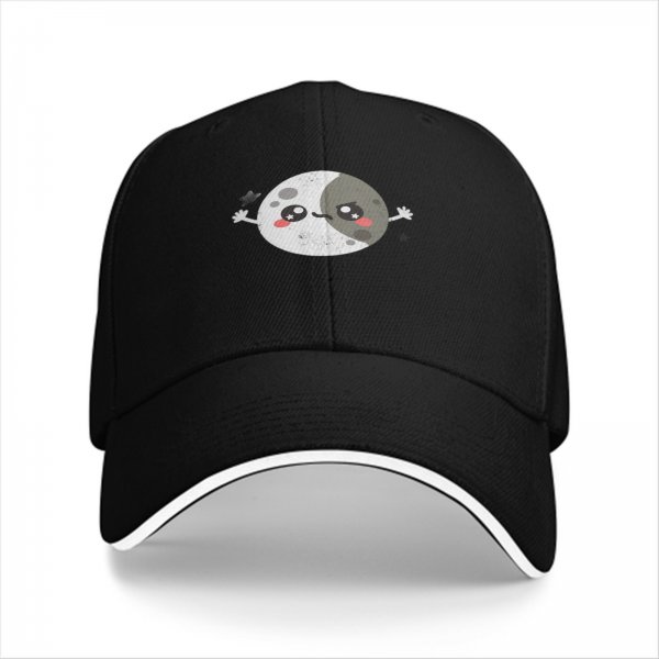 Black baseball cap with cute split moon cartoon design