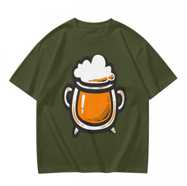 Olive Green T-Shirt With Stylized Beer Mug Graphic Print