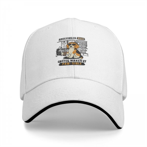 Black baseball cap with beagle dog coffee pun graphic