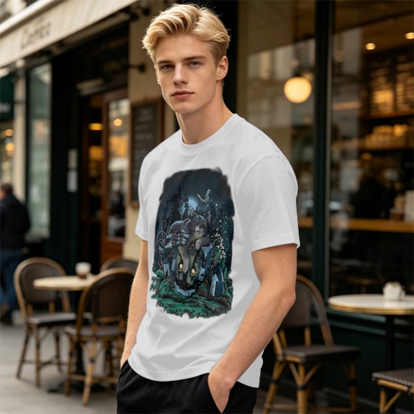 Olive Green T-Shirt With Night Graveyard Cat Illustration
