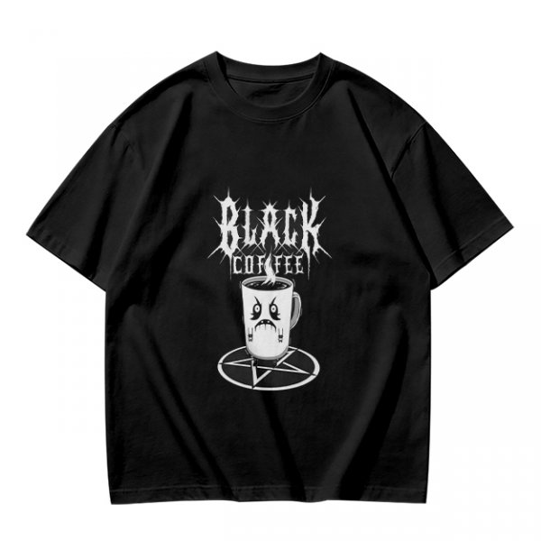 Olive t-shirt with Black Coffee gothic angry cup pentagram print