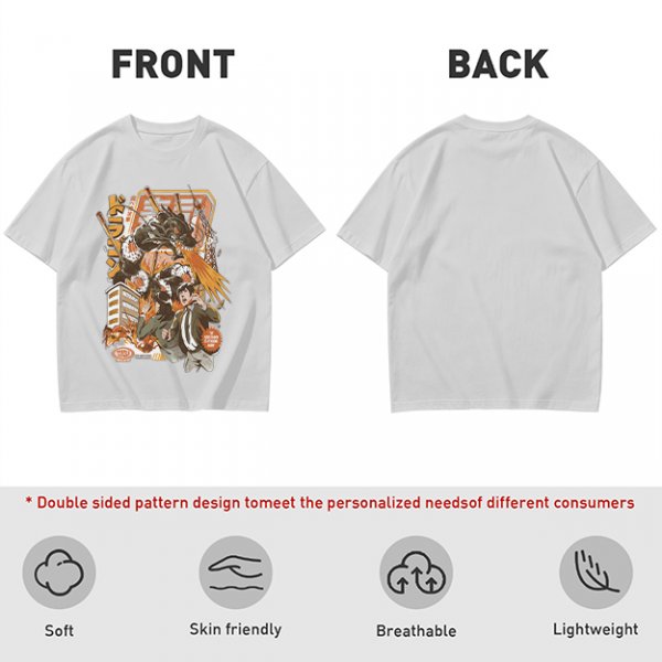 Olive green anime graphic t-shirt with monster and city scene