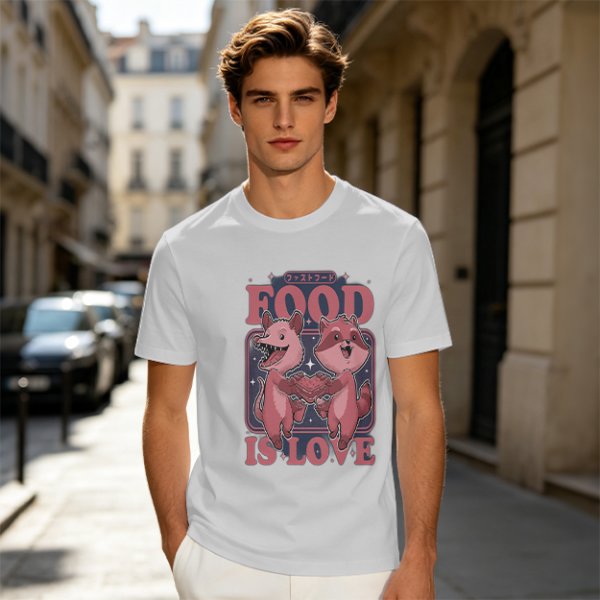 Olive graphic t-shirt with food is love and cartoon animal design