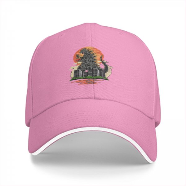Black Baseball Cap with Godzilla City Destruction Sunset Art