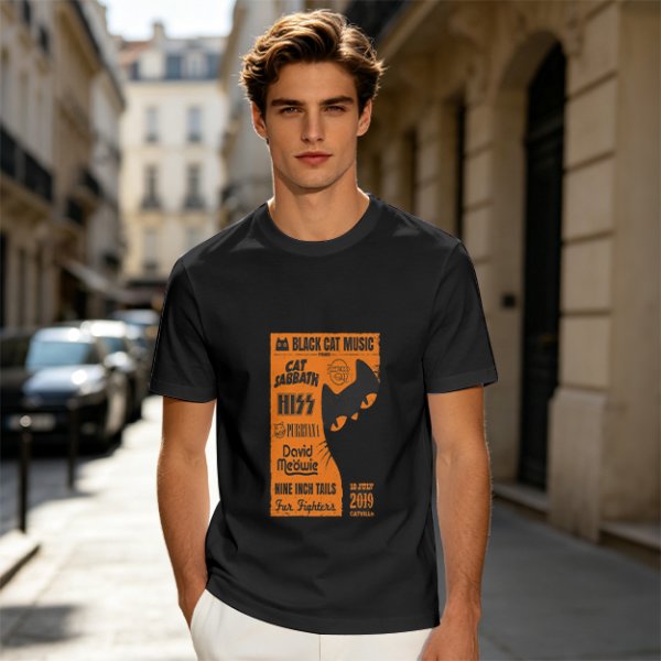 Olive T-Shirt with Cat-Themed Rock Band Concert Poster Print