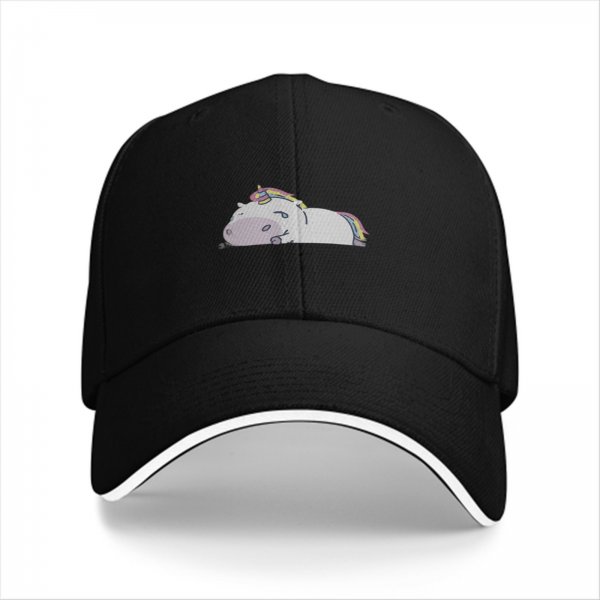 Black Baseball Cap With Chubby Lying Unicorn Rainbow Print