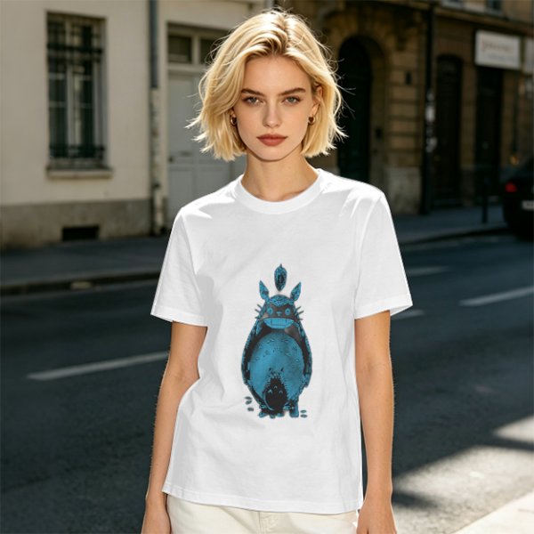 Olive Green T-Shirt With Blue Totoro Inspired Graphic Print