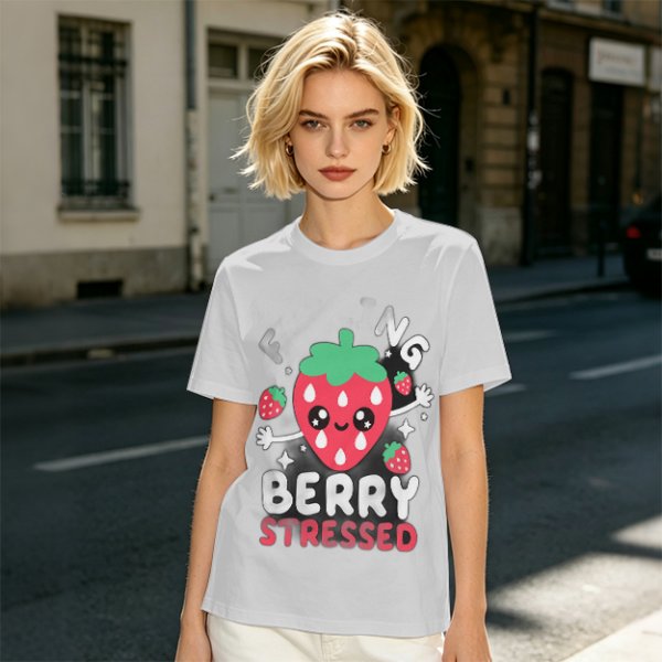 Olive graphic t-shirt with crying strawberry and 'berry stressed' text