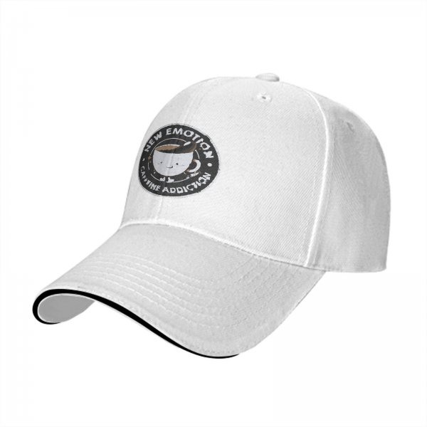 Black baseball cap with 'New Emotion Caffeine Addiction' coffee cup graphic