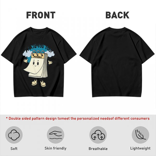 Olive t-shirt with cartoon Monday calendar graphic and 'I HATE YOU TOO' text