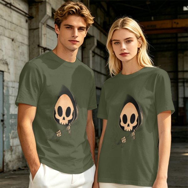 Olive T-shirt with Cute Grim Reaper Skull Graphic