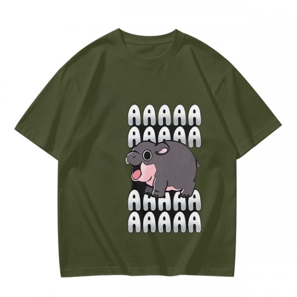 Olive t-shirt with screaming baby hippo and repeated A text