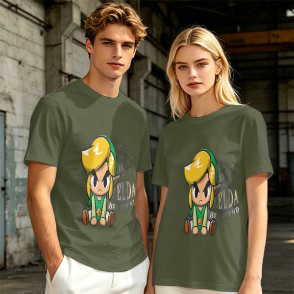 Olive T-shirt with Chibi Link from The Legend of Zelda Print
