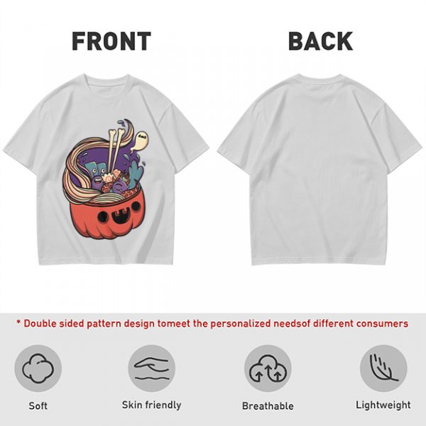 Halloween pumpkin ramen bowl with cute monster graphic t-shirt