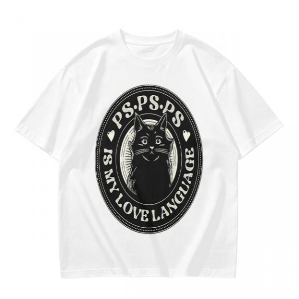 Olive cat graphic t-shirt with 'PS PS PS is my love language' print