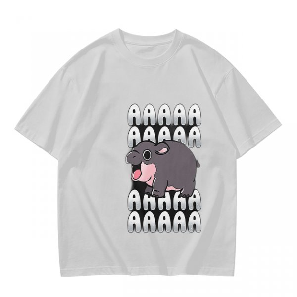 Olive t-shirt with screaming baby hippo and repeated A text
