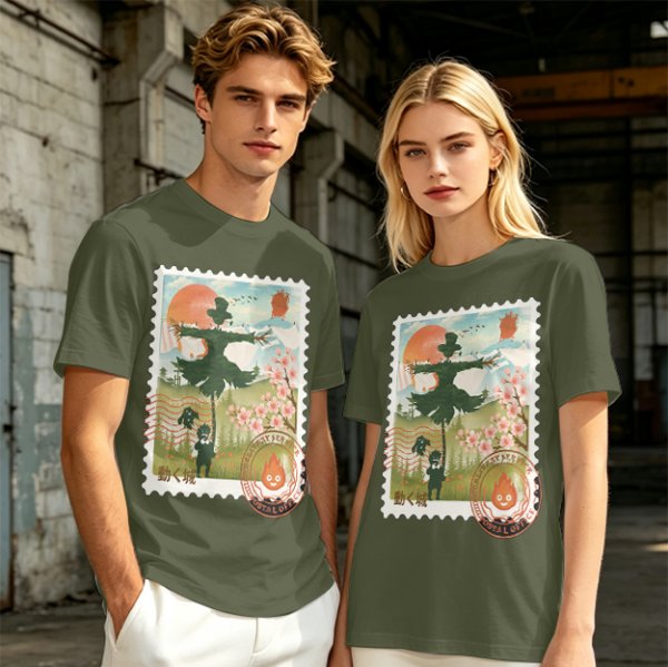 Howl's Moving Castle Stamp Graphic Olive T-Shirt
