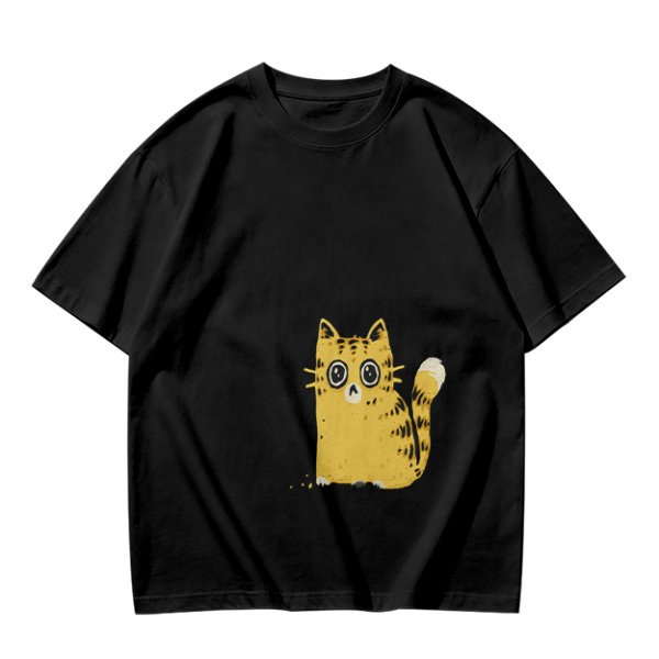 Olive Green T-Shirt With Surprised Yellow Tabby Cat Graphic