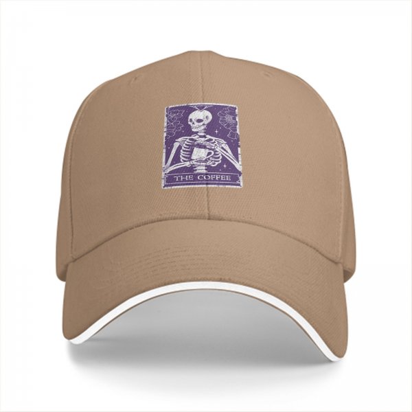 Black baseball cap with 'The Coffee' skeleton tarot-style graphic