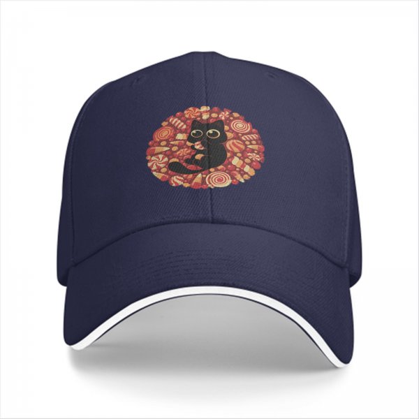 Black Baseball Cap with Cute Black Cat and Candy Print