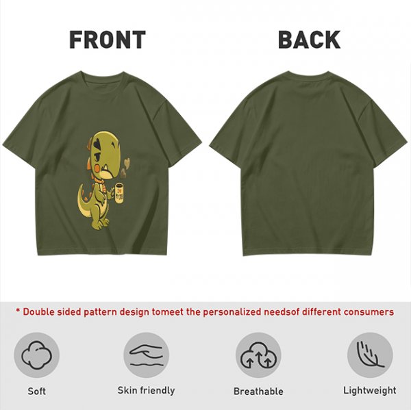 Olive T-shirt with a grumpy cartoon dinosaur holding a coffee mug