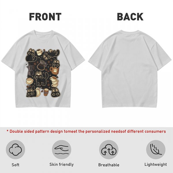 Olive T-Shirt With Cute Black Cats And Coffee Themed Print