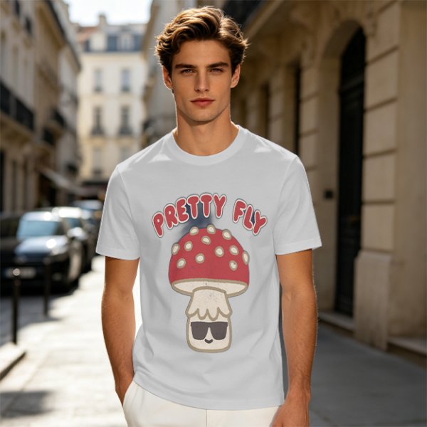 Olive green graphic t-shirt with 'Pretty Fly' and cool mushroom print