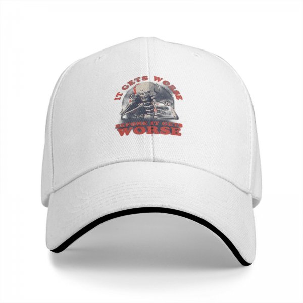 Black baseball cap with 'It Gets Worse Before It Gets Worse' skeleton graphic