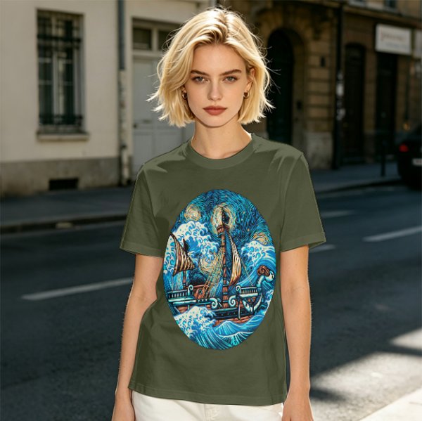 Olive T-Shirt With Starry Night Style Sailing Ship Ocean Art