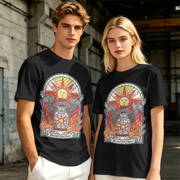Olive T-Shirt With Stained Glass Style Praise The Sun Knight Print