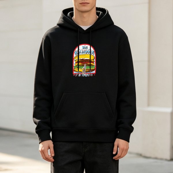 Black hoodie with Big Kahuna Burger graphic print