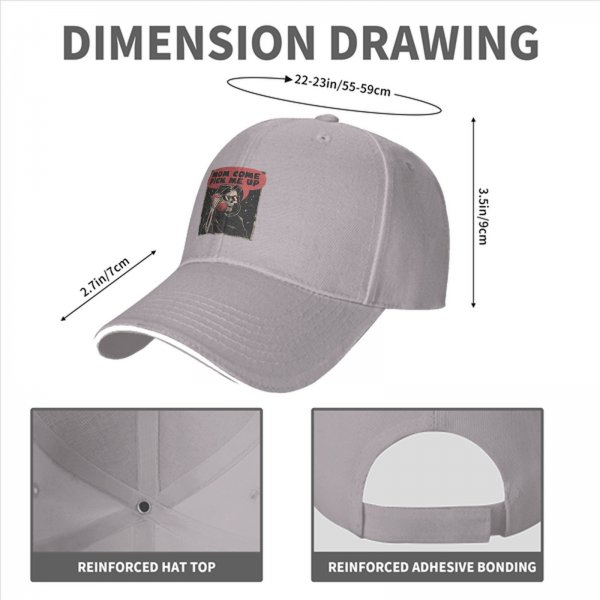Black baseball cap with 'Mom Come Pick Me Up' skeleton graphic