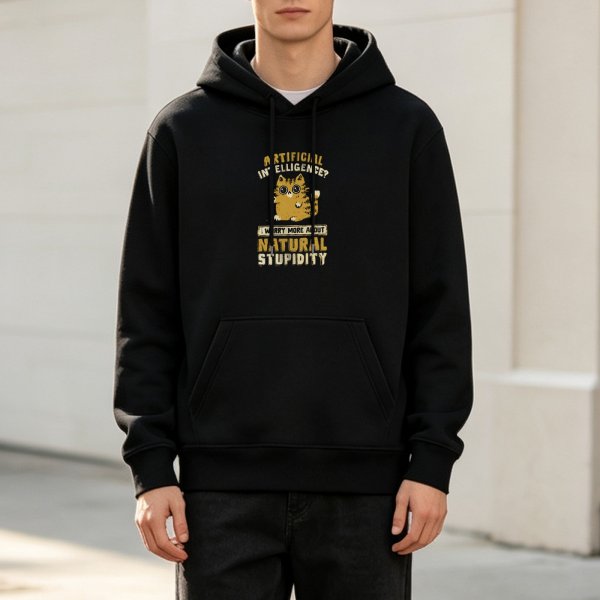 Black hoodie with funny cat and natural stupidity quote print