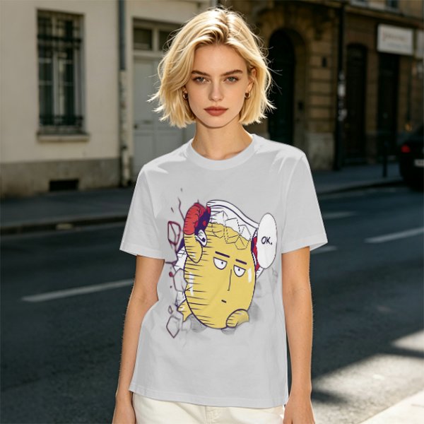 Oversized Olive T-Shirt with Saitama 'OK' Anime Graphic Print