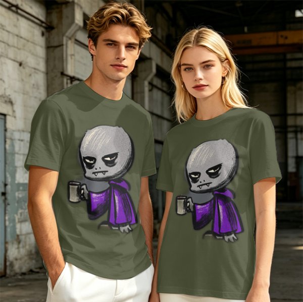 Olive T-Shirt With Grumpy Vampire Holding Coffee Mug Print