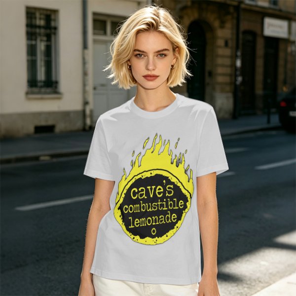 Olive t-shirt with cave's combustible lemonade flame graphic