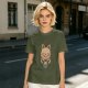 Olive green t-shirt with cute cat holding a mug print